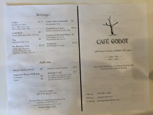 Beverage menu at Cafe Godot in Buffalo