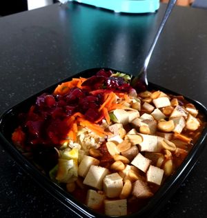 Chili con tofu with extra tofu and toppings of choice. at Jump Street Fit in Bratislava