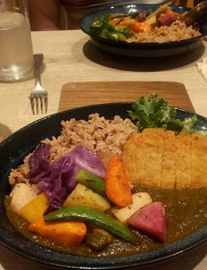 Top: Tomato curry, plus roasted vegetables.  Bottom: Spinach curry, plus roasted potatoes and tofu cutlet at RUCY+R 横浜ジョイナス店 in Yokohama