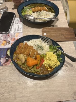 Vegan Curry with Rice, Vegetables, Vegan Scrambled Eggs & Vegan Breaded Katsu Chicken  at RUCY+R 横浜ジョイナス店 in Yokohama
