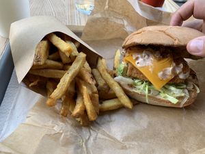 Chicken burger and fries.  at Green Farmer's in Paris