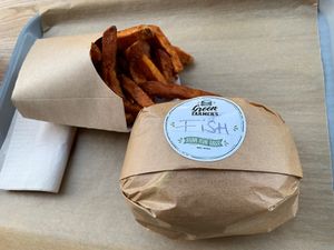 Sweet potatoe fries and fish burger.  at Green Farmer's in Paris