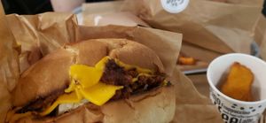 Smash bacon burger, fish burger, nuggets and fries at Green Farmer's in Paris