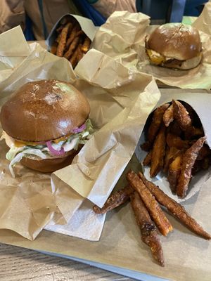 Chicken burger and sweet potato friess  at Green Farmer's in Paris