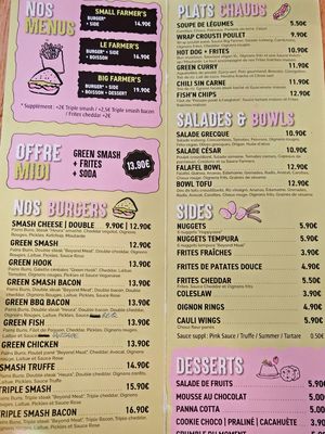Menu at Green Farmer's in Paris