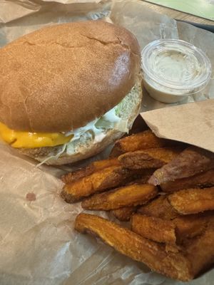 Green Fish burger and sweet potato frieds  at Green Farmer's in Paris