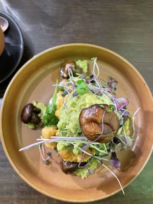Lentil pancakes with curried chickpeas, avo and mushroom   at Elektra - Himalayan Alchemy House in Fitzroy