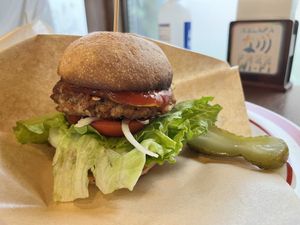 Vegan burger with a pickle   at Kelapa in Hamamatsu