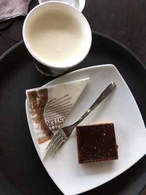 My favorite vegan salty peanut-butter cake and plain soya milk)  at Gloria Jean's Coffees in Limassol