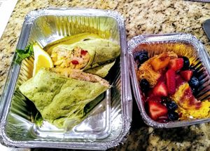 Fishless Fry Wrap with Peach Polenta Cake at Uprooted Vegan Cuisine in Martinez