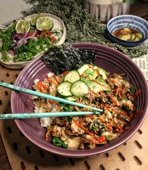 Teriyaki Sushi bowl. Spring ‘23.

Ingredients are seasonal so dishes can vary according to farmer availability  at Uprooted Vegan Cuisine in Martinez