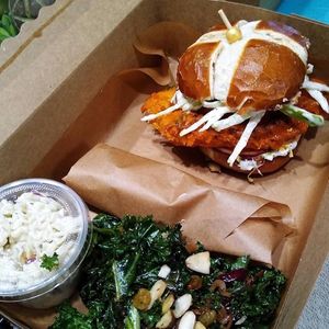 Buffalo Chik’n Sandwich box at Uprooted Vegan Cuisine in Martinez