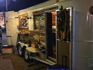 Our trailer Juniper is decked out for the holidays  at Uprooted Vegan Cuisine in Martinez