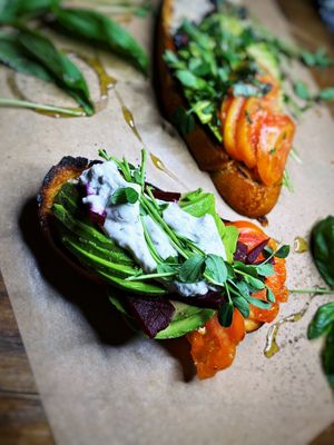 Labneh drizzled Avocado Toast. Popup brunch item at Uprooted Vegan Cuisine in Martinez