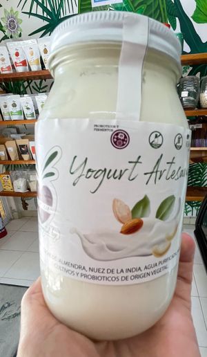 Vegan yogurt -made of nuts and almonds- in glass jar.  at Tulum Farmers Market in Tulum