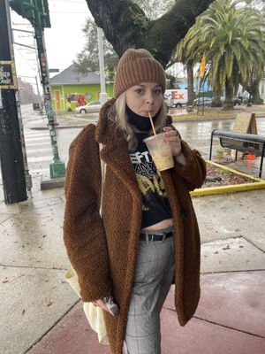 Danielle enjoying the iced coffee. at Hey! Cafe in New Orleans