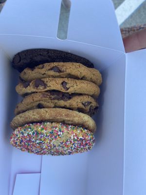 birthday cake, snickerdoodle, marble fudge, choc chip, the superhero   at Maya's Cookies in San Diego
