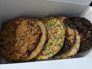 Cookie assortment. Drunken grandma (GF), snickerdoodle, birthday cake, MVP, chocolate chip s'mores, grand slam at Maya's Cookies in San Diego