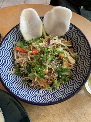 Stir fry noodles with 10 vegetables and tofu. Fresh and tasty, but not as much flavour as we would’ve liked.  at HANH Cafe & Market in Kyiv
