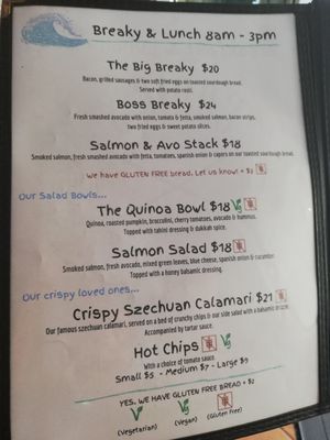 Menu page 1 at Codie's Place in Agnes Water