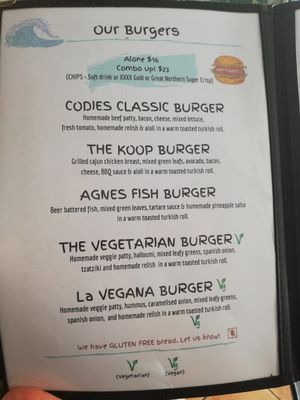 Menu page 3 at Codie's Place in Agnes Water