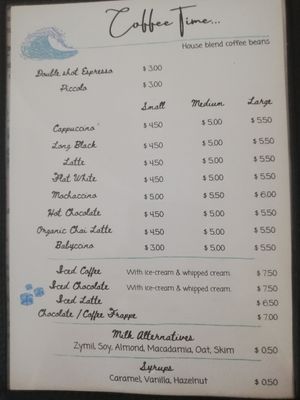 Coffee / Tea menu at Codie's Place in Agnes Water