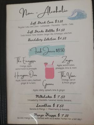 Juice menu at Codie's Place in Agnes Water