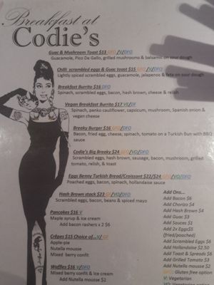 Breakfast menu at Codie's Place in Agnes Water