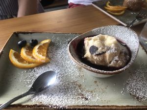 dessert 'Luusbueb' unbaked, liquidy cookie dough w choc chips & some beery jam: sugar overkill at Hans im Glück in Winterthur