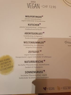 Vegan burger choices at Hans im Glück in Winterthur