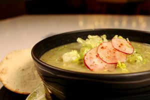 Green Pozole with Corn, Oyster mushrooms and Portobello Mushrooms at Verde Y Rojo in Tijuana
