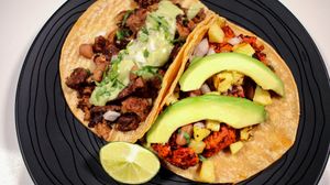 Asada and Adobada Tacos (Meat substitute made with Bamboo Fiber) at Verde Y Rojo in Tijuana