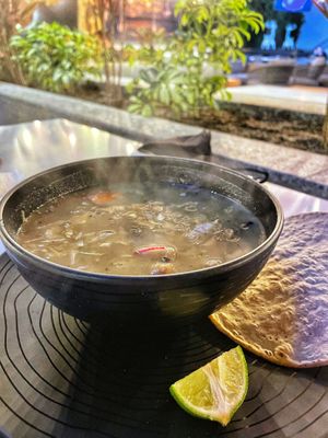 Green pozole  at Verde Y Rojo in Tijuana