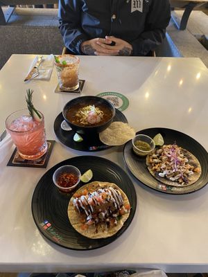 Pozole rojo/ tinga taco / Baja taco at Verde Y Rojo in Tijuana