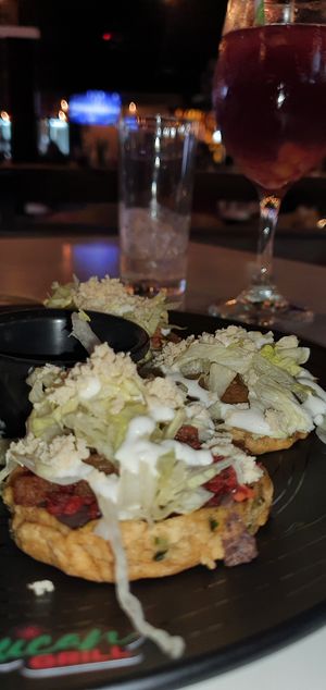 SOPES VEGANOS DE CHICHARRON ,TINGA,RAJAS CHORIZO at Verde Y Rojo in Tijuana