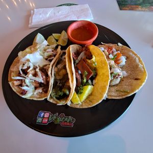 1 each of 4 tacos: Potato Taco with Chorizo; Taco of Rajas Poblanos; Taco al Pastor with pineapple; Baja style Portobello at Verde Y Rojo in Tijuana