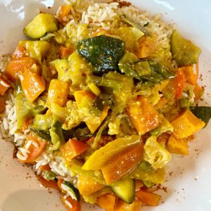 Thai vegan curry with sweet potato and jasmine rice  at Enzian Vegane Bäckerei in Zurich