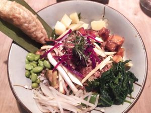 Buddha bowl, rice base with pumpkin, raddish, betel leaves, mango at BODHI - Vegan Living in Hamburg