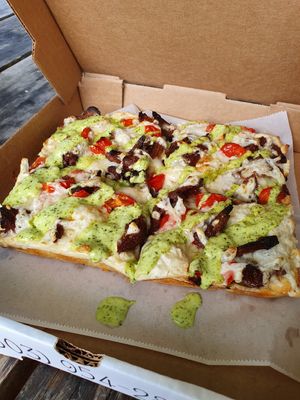 Steak and chimichurri at Boxcar Pizza in Portland