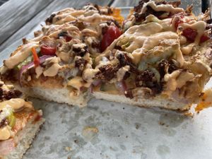 Cheese burger pizza  at Boxcar Pizza in Portland