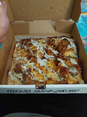 Spicy chicken with pickles pizza at Boxcar Pizza in Portland