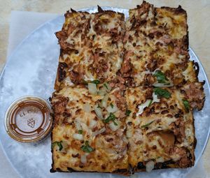 Birria Pie (no cilantro or onions on half) with consome at Boxcar Pizza in Portland
