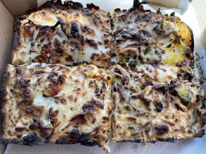 Life’s A Peach (bacon and jalapeños only on half)  at Boxcar Pizza in Portland