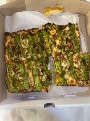 A pesto pizza  at Boxcar Pizza in Portland