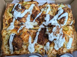 Nashville hot chicken pickle pizza at Boxcar Pizza in Portland