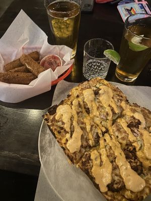 Cheezeburger and mozzarella sticks  at Boxcar Pizza in Portland