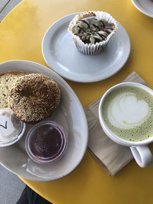 All GF- sesame bagel with toffuti and jam, choc peanut butter brioche, soy matcha latte  at New Cascadia Traditional in Portland