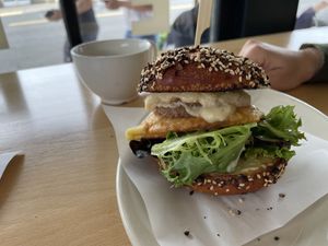 Just egg and beyond meat breakfast bagel  at New Cascadia Traditional in Portland