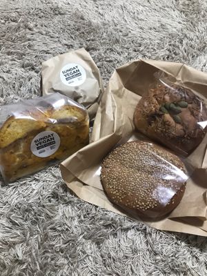 Pumpkin bagel sandwich ¥420, curry pan ¥280, croquette burger ¥480, and Vegan special something ¥280 at 5:30pm ! at Morethan Bakery in Tokyo