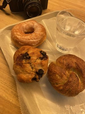 Lemon donut, blueberry muffin, nori knot  at Morethan Bakery in Tokyo